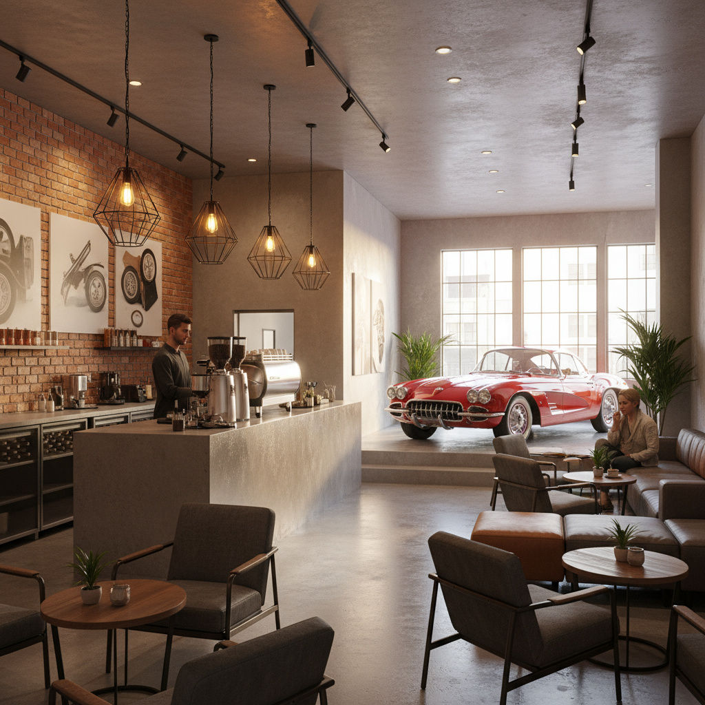 Modernes Automotive-Café mit Espresso-Bar und Fahrzeugdisplay im Innenraum